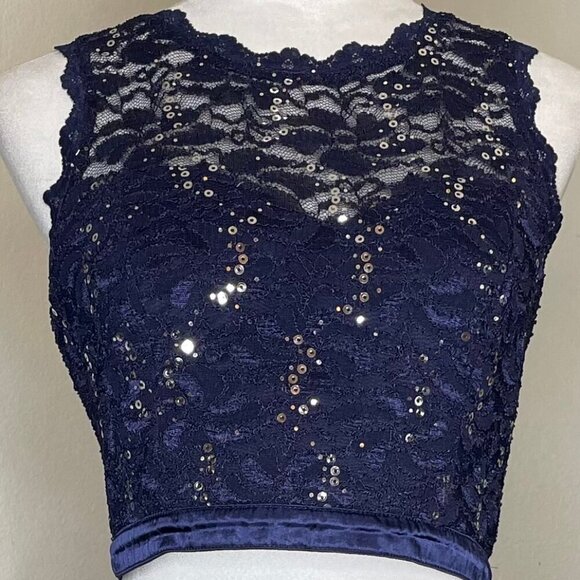 Sequin Hearts Navy Blue 2 Piece Lace Sequin Tulle Homecoming Dress Set Sz 13 - Picture 6 of 10